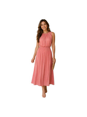 SheBird Coral Pink Midi Dress Built-In Bra Smocked Waist L